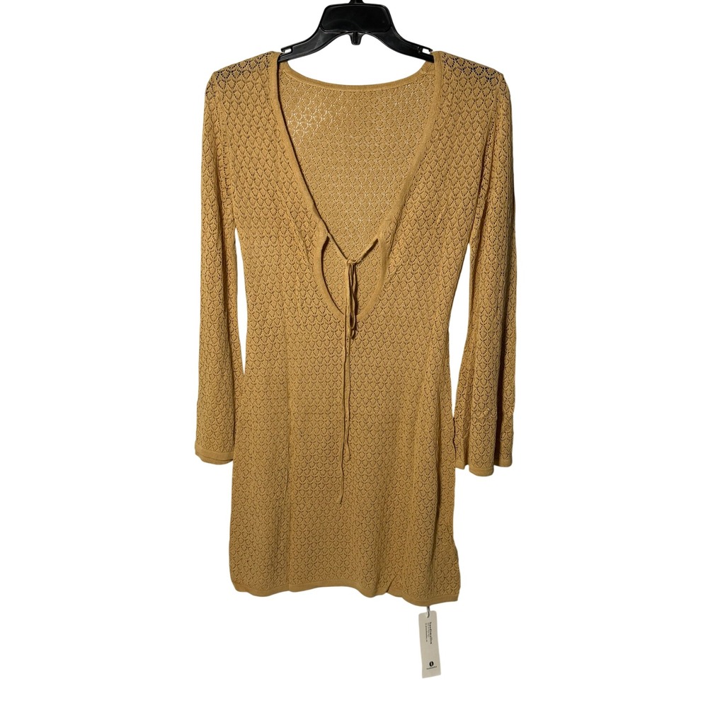 Saodimallsu Khaki Crochet Knit Mini Dress Long Sleeve V-Neck Tie Front NWT L